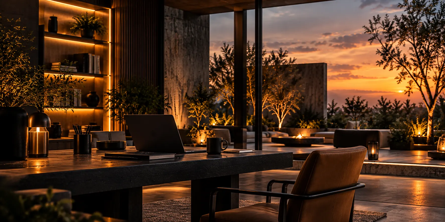 A lounge opening onto a courtyard at dusk, lamps lit, a desk in the foreground