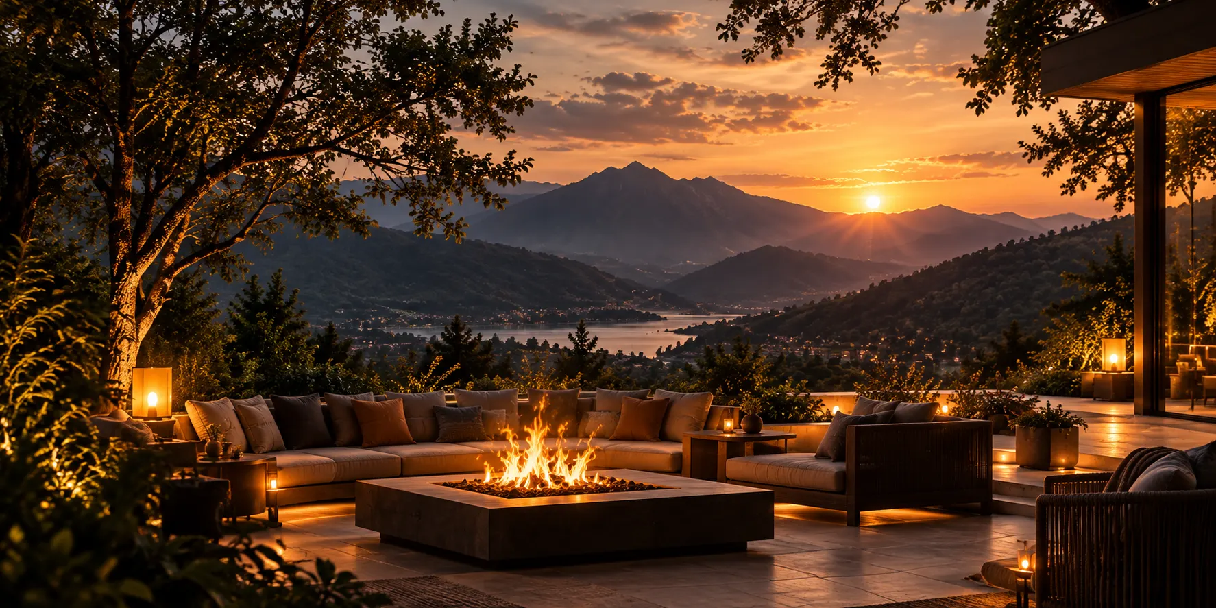 An open terrace with low seating around a fire, hills and water beyond at dusk