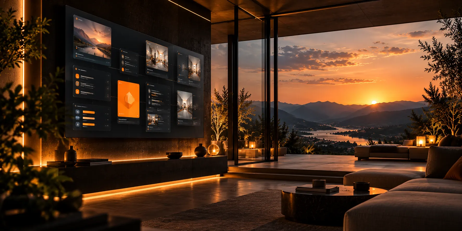 A dark lounge wall with a large display, glass doors open to a valley at sunset