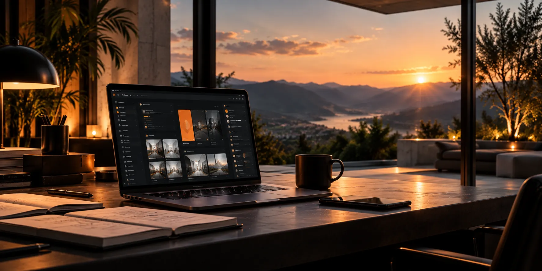 A desk by a window at sunset with a laptop, a notebook and a cup
