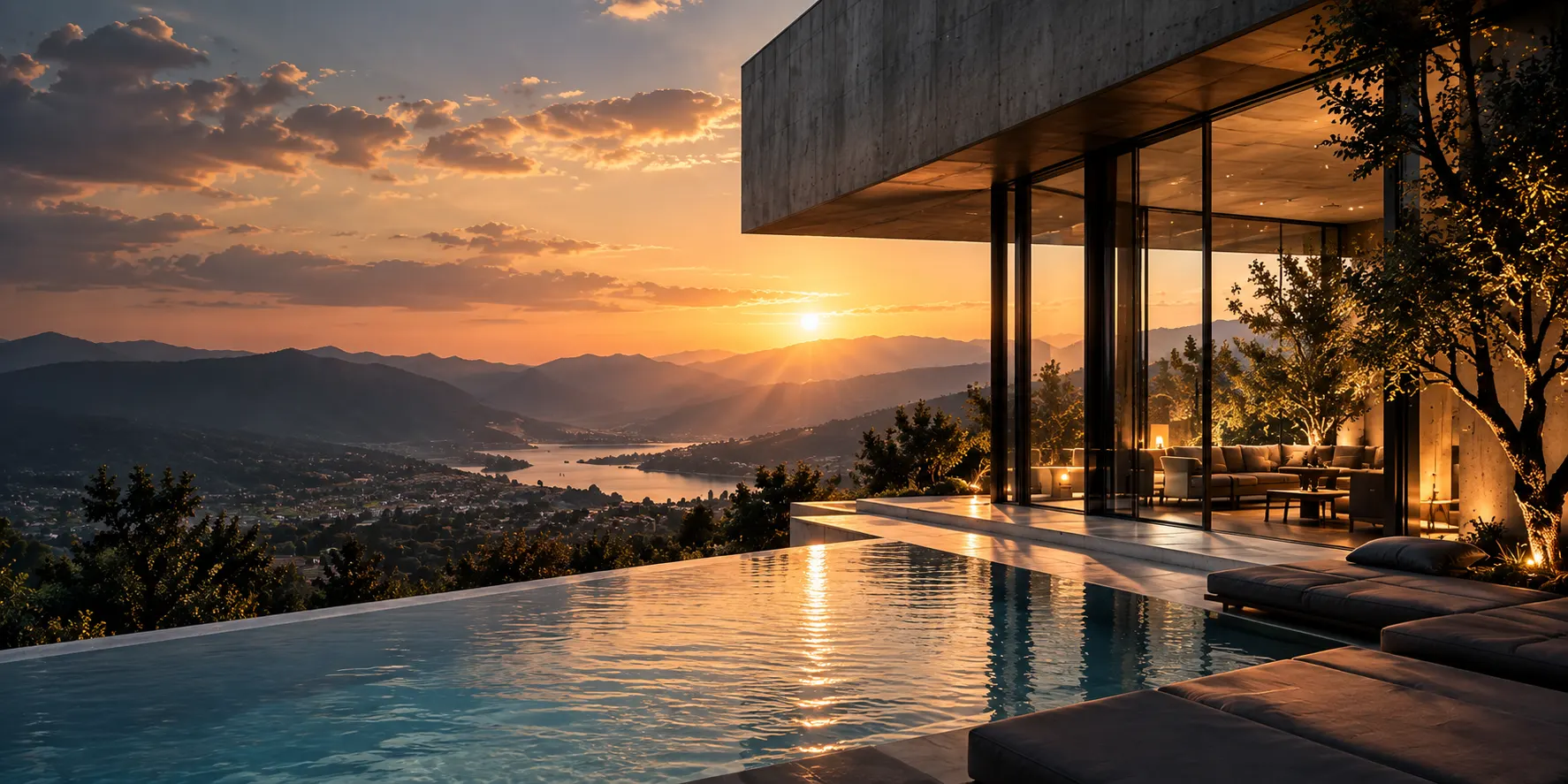 A concrete and glass house above a valley at sunset, an infinity pool in the foreground