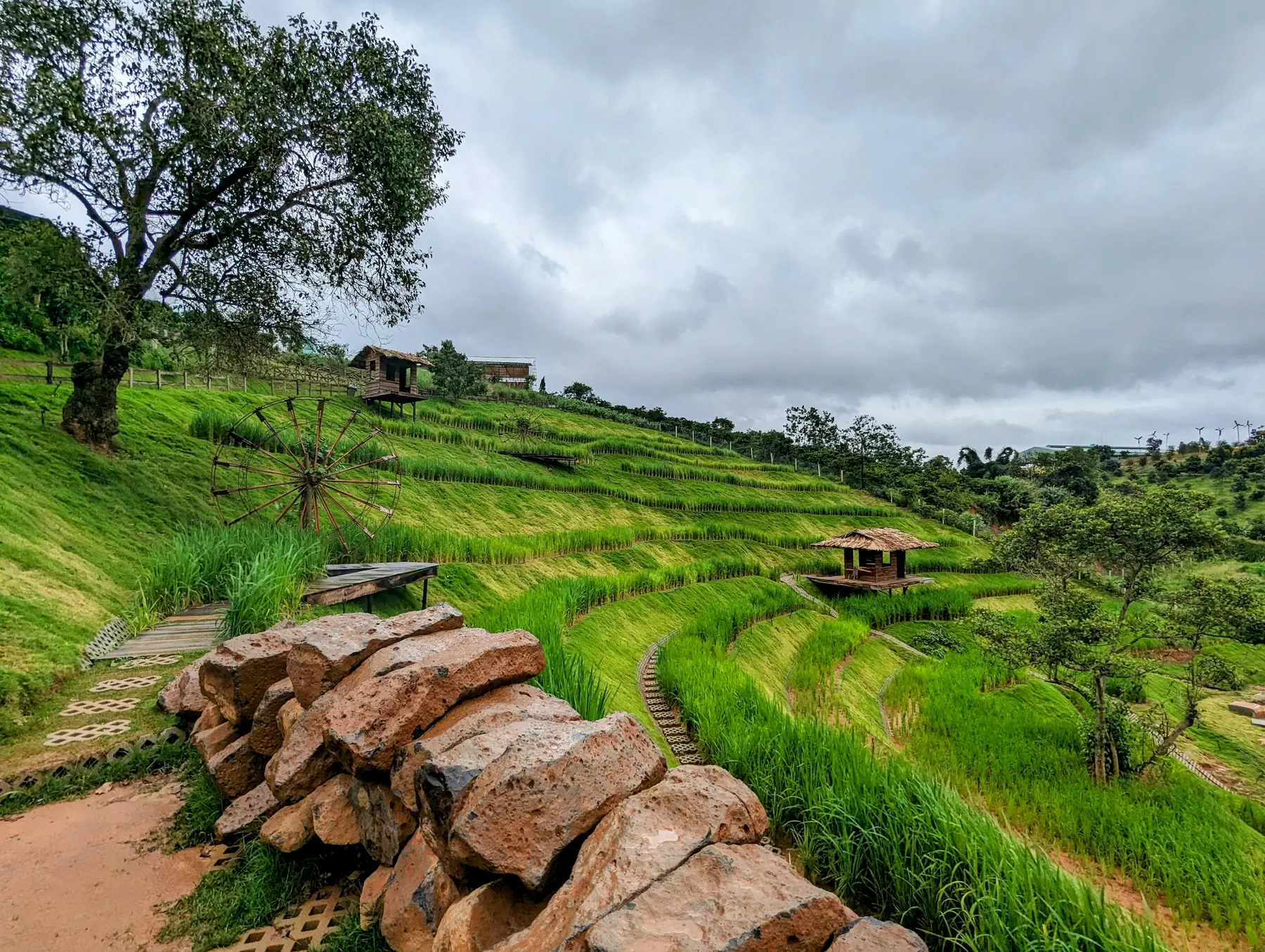 Terraced fields on a green hillside under an overcast sky